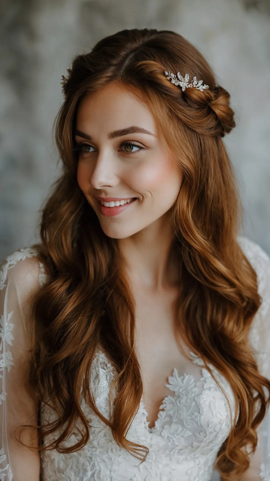 <p>Okay, seriously, if your fall wedding hair doesn't look this amazing, are you even doing autumn right? This stunning look is practically giving us major pumpkin patch vibes, but make it fashion. Imagine walking down the aisle, and everyone's secretly wondering if those adorable orange berries are edible (don't worry, they're probably not, but they look good enough to munch!). It’s like Mother Nature herself decided to style your hair, adding perfectly placed leaves and delicate roses to compliment that gorgeous auburn color. Talk about being picture-perfect from every angle, no filter needed!</p><p>Zoom in a little, and you'll spot the intricate details that make this style totally swoon-worthy for any fall celebration. We're talking a super chic braid gracefully flowing into a dreamy updo, keeping everything neat while still looking effortlessly beautiful. And those tiny orange accents? They're like miniature, super-cute pumpkins tucked into your hair, bringing all the cozy, warm feelings of autumn right to your special day. It just proves that fall weddings aren't just about crisp air and changing leaves; they're also about rocking a hairstyle that screams elegance with a playful, festive twist!</p><figure class=