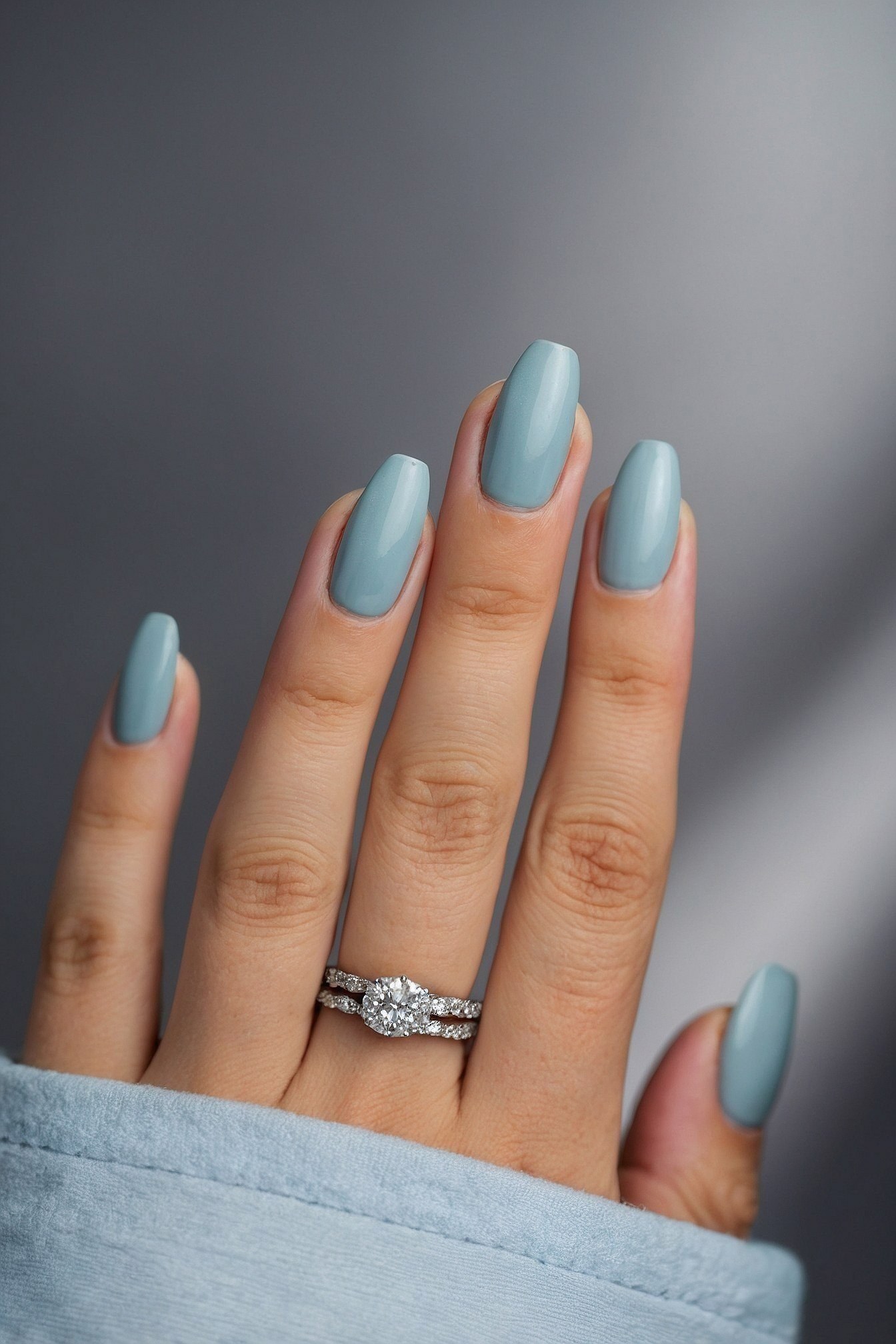Soft Blue Coffin Nails with Diamond Bands