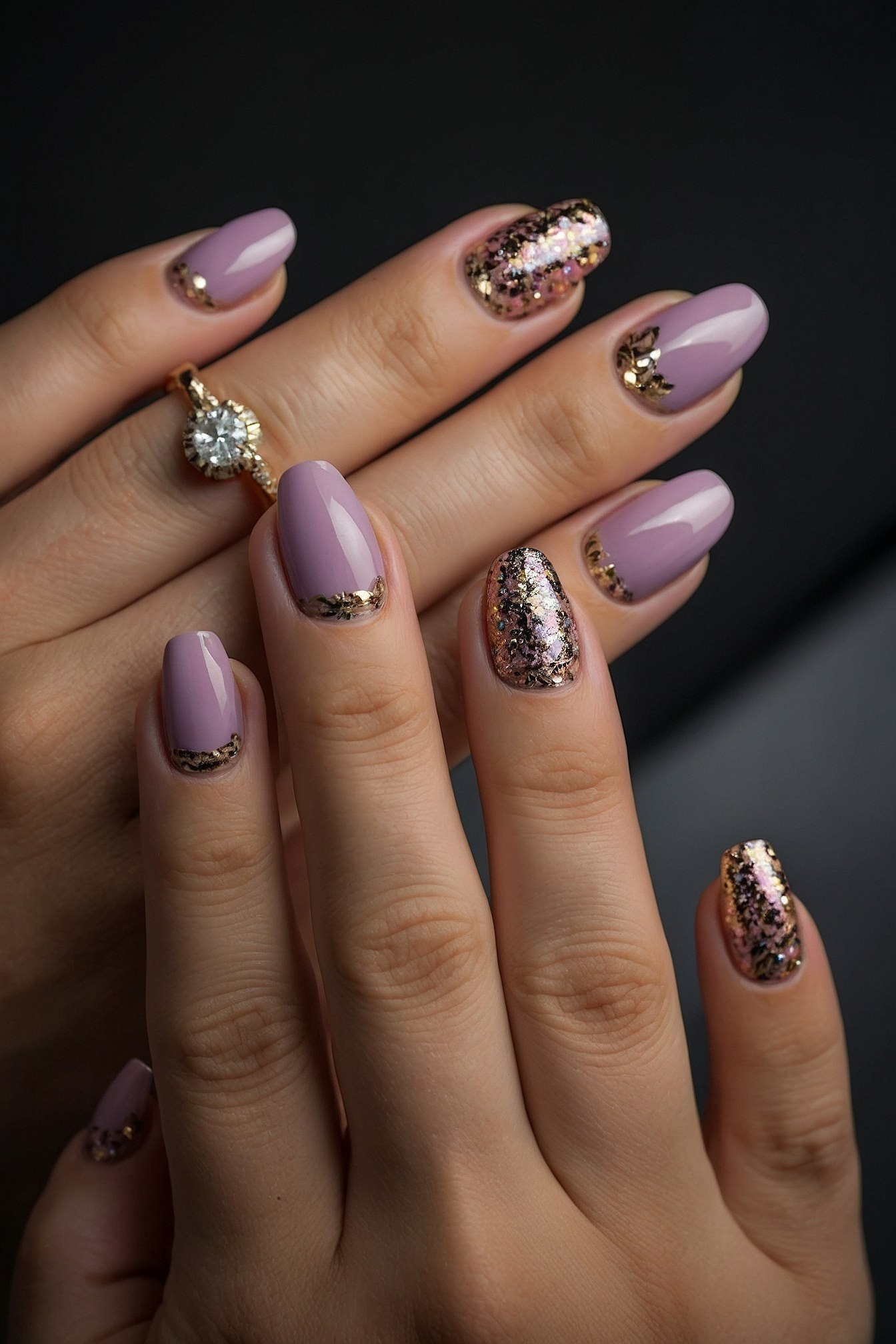 Lavender Gel Nails with Gold Accents and Glitter