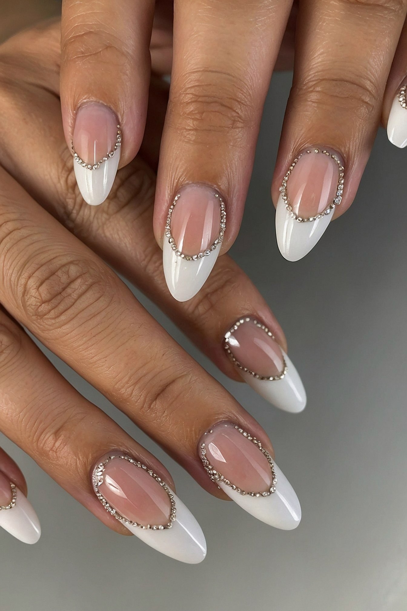 Almond Nails with Delicate Rhinestone French Tips