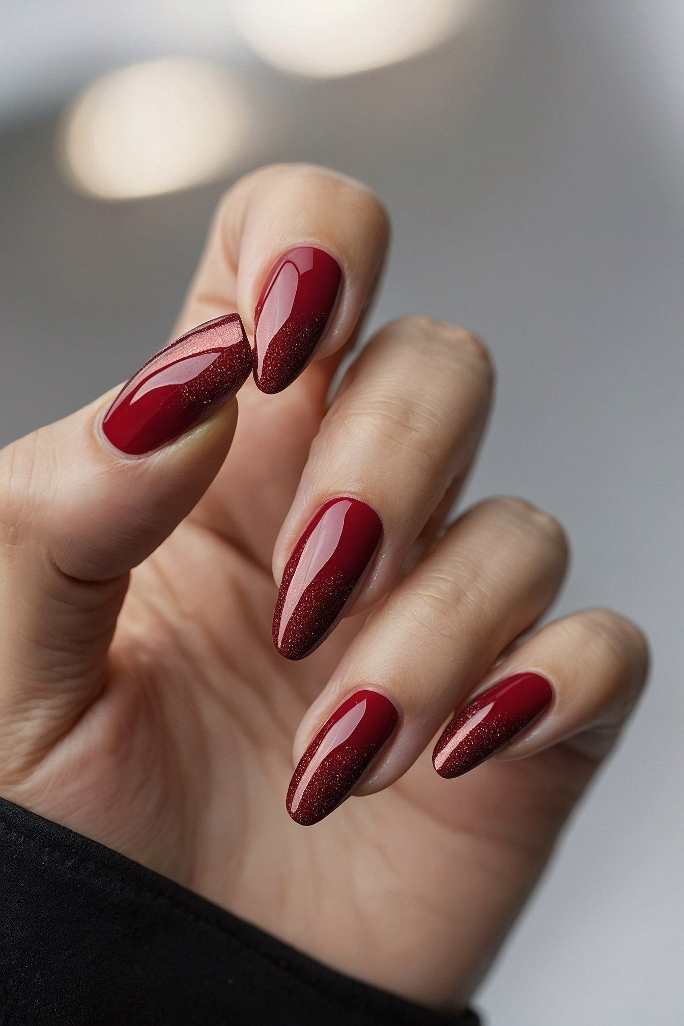 Deep Red Shimmer Transition on Almond Nails