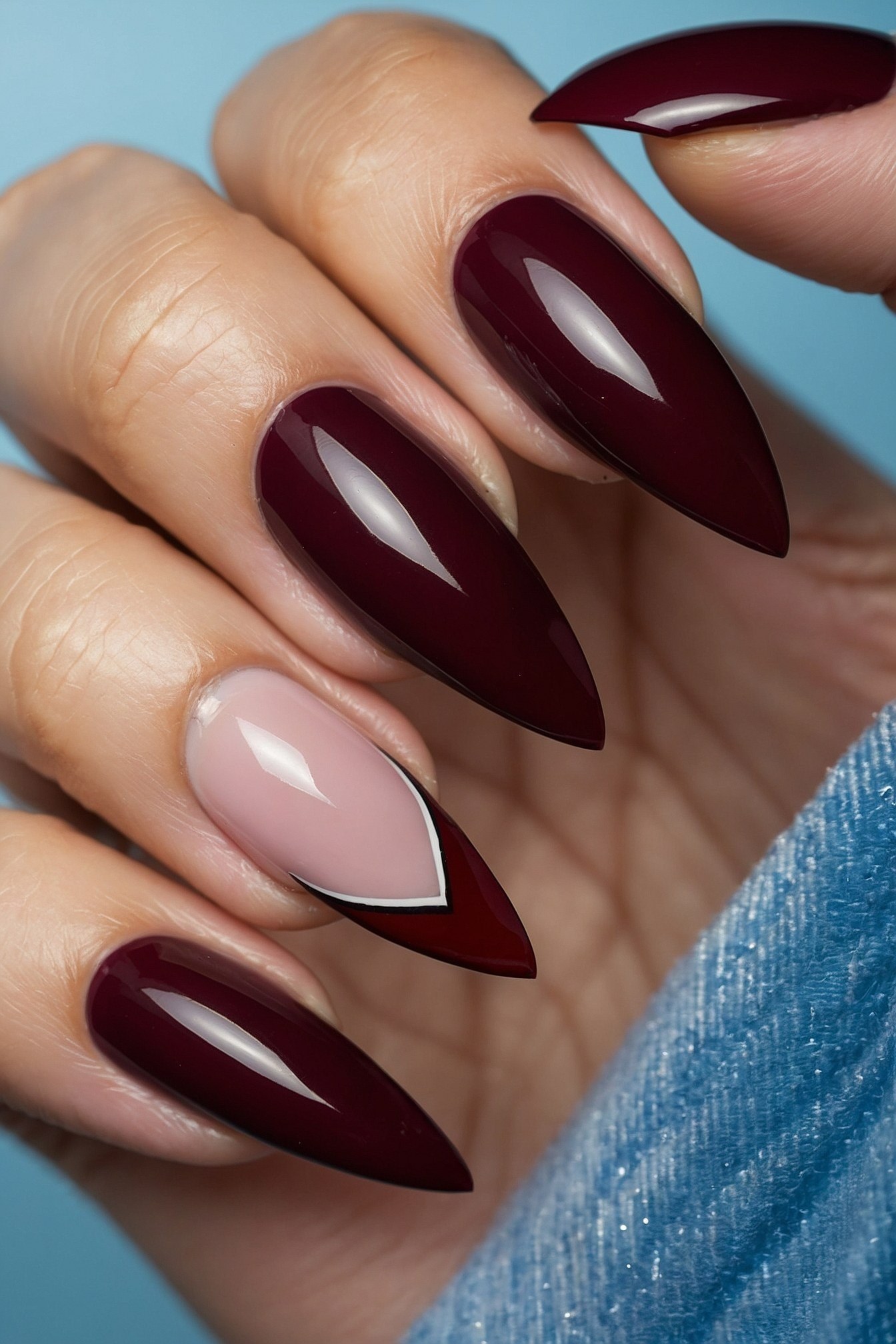 Deep Burgundy Almonds with a Soft Pink French Tip