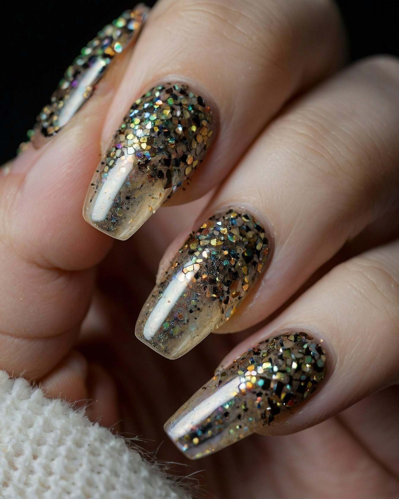 Golden Shimmer Nails with a Touch of Earthy Tones