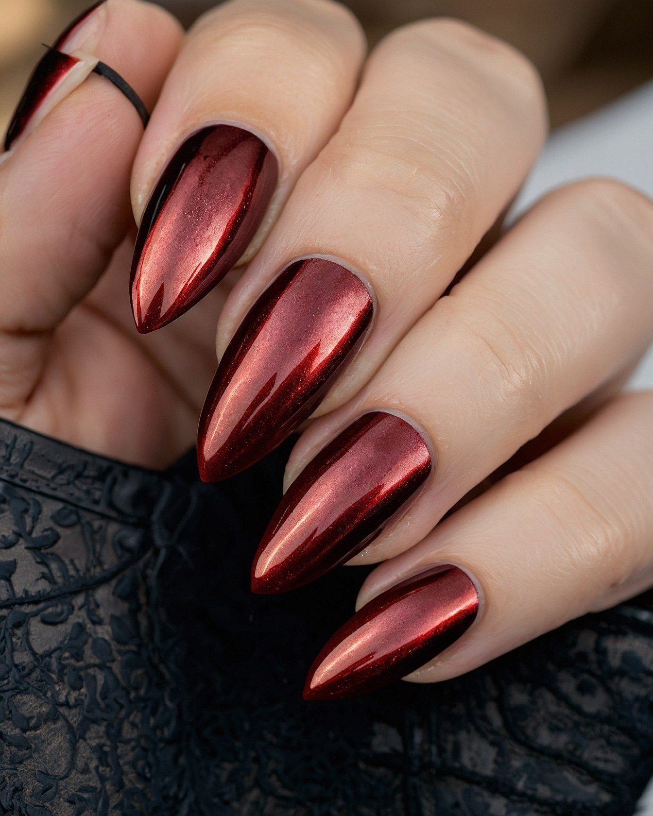 Chrome Red Stiletto Nails with Lace Detail
