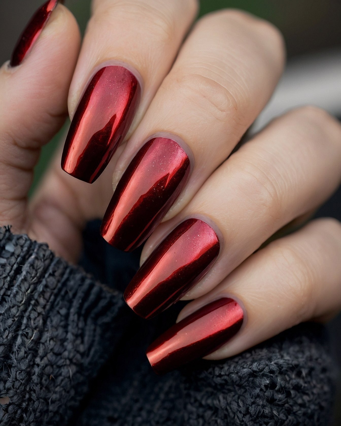 Glossy Metallic Crimson Coffin Nails