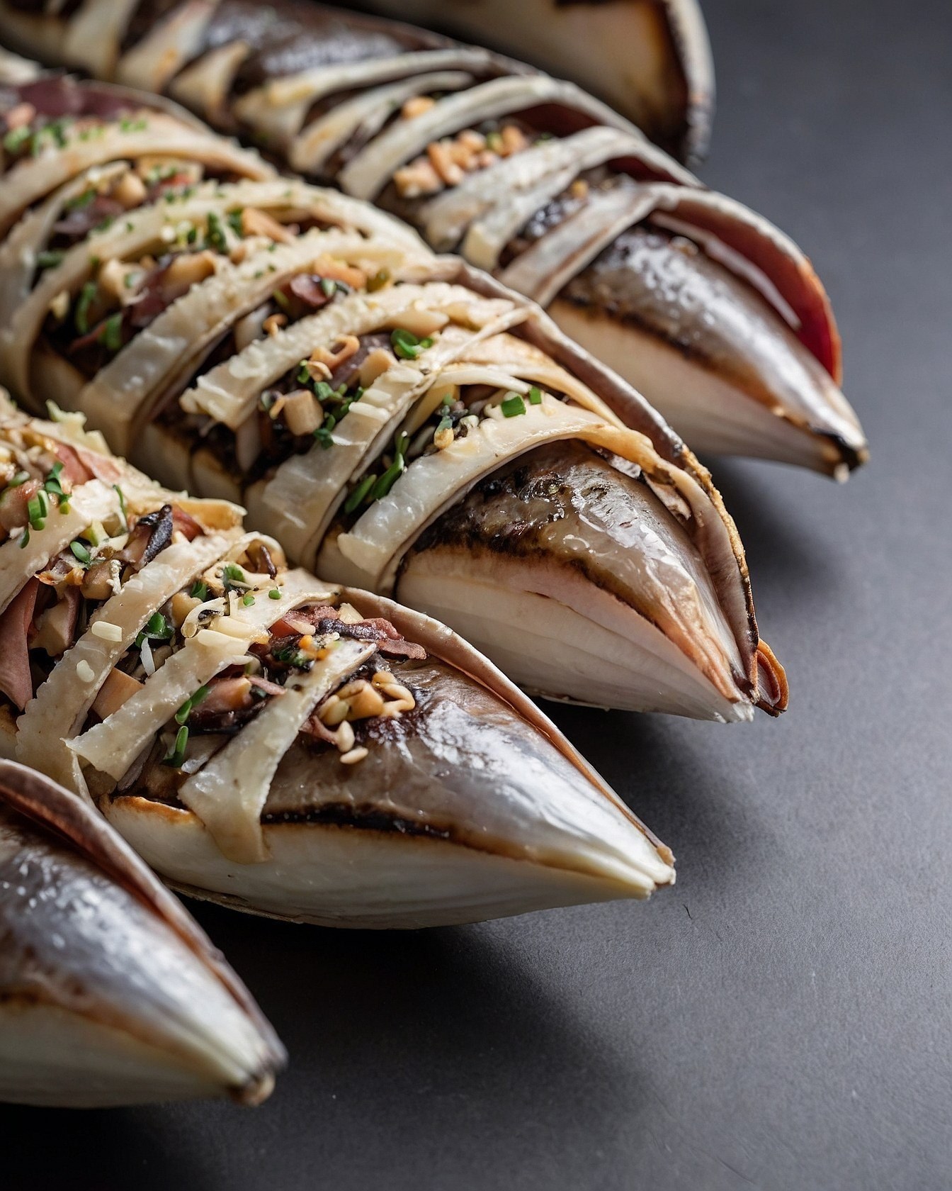 Row of Stuffed Fish Under Strips of Pastry
