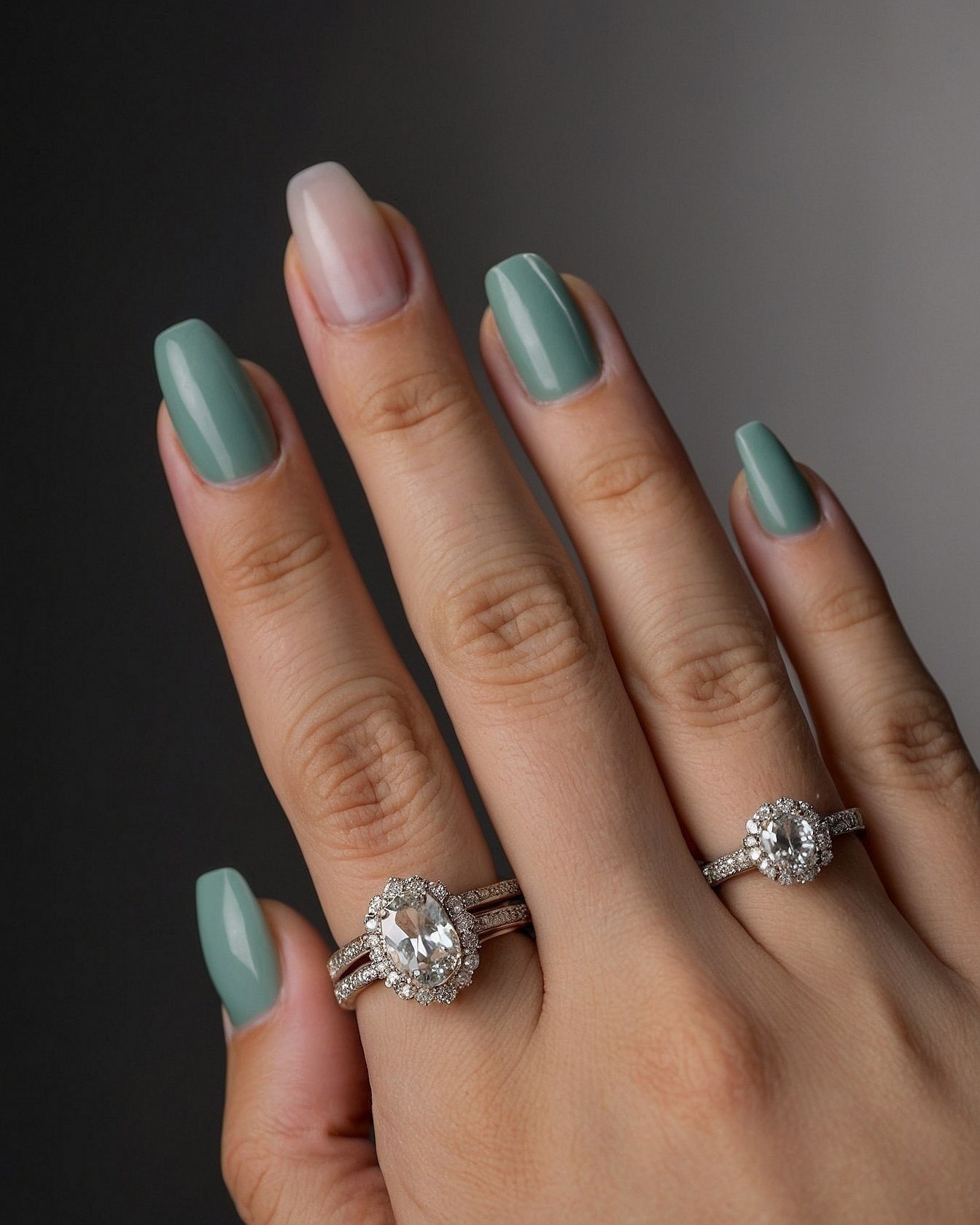 Sage Green Coffin Nails with Minimalist Rings