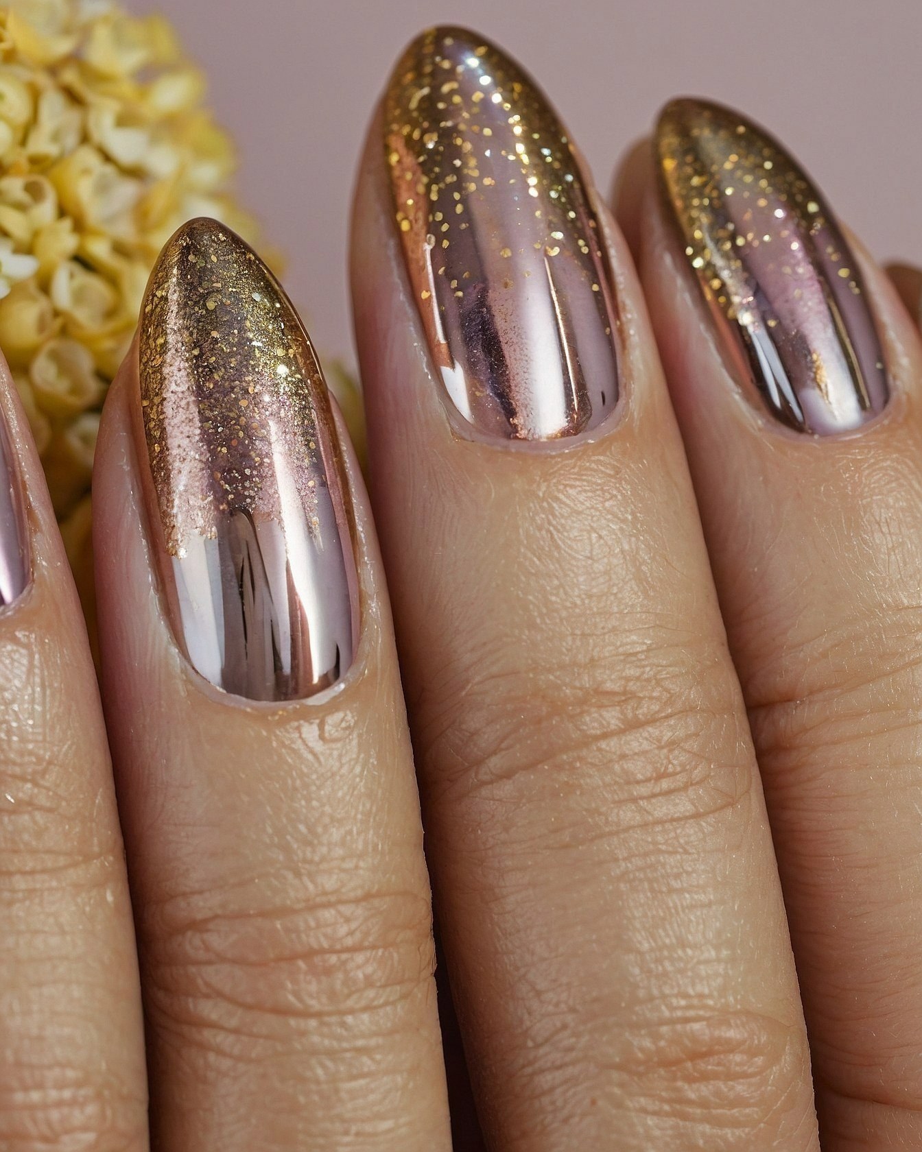 Mirror Chrome Nails with Gold Glitter Fade