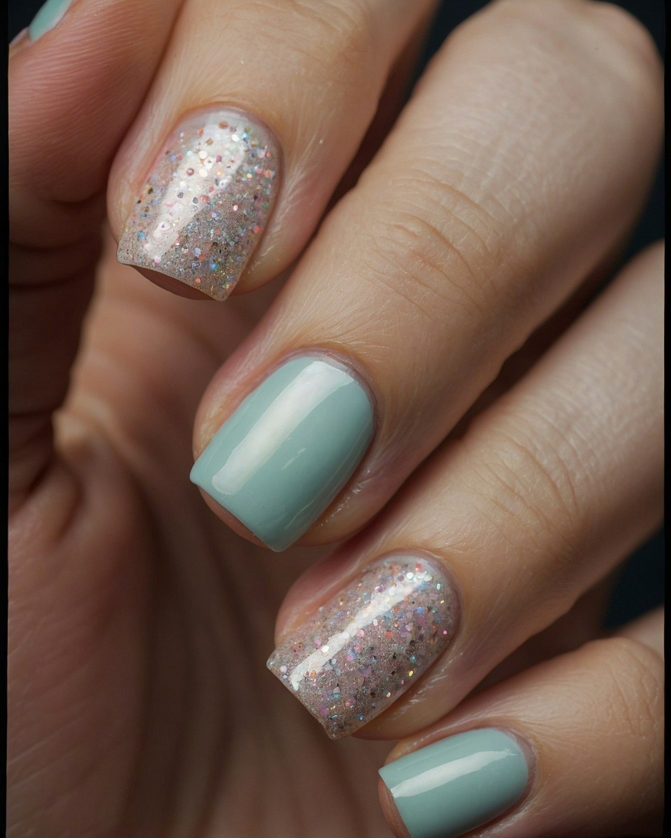 A Close-Up of Glitter-Dusted and Minty Nails