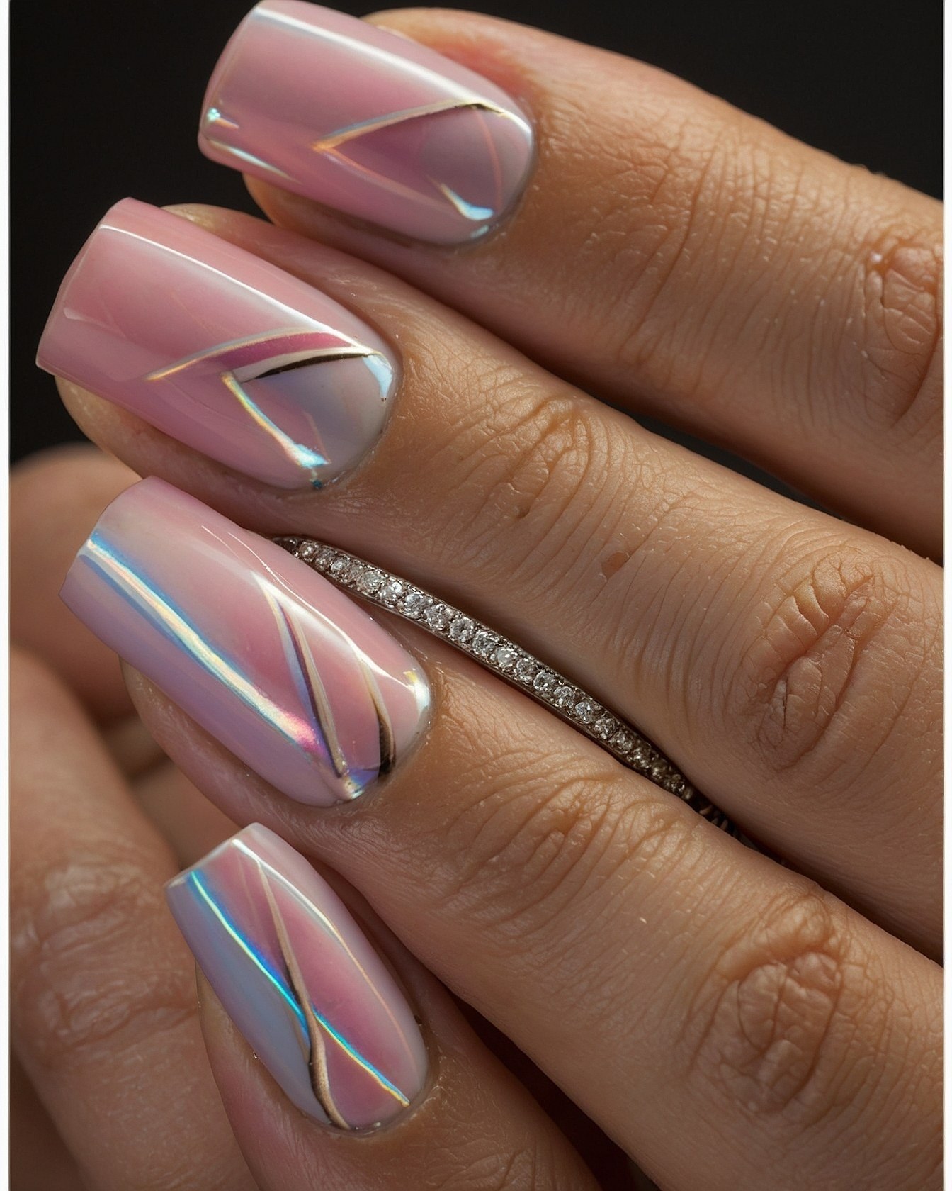 Soft Rose Gold and Iridescent Pink Almond Nails