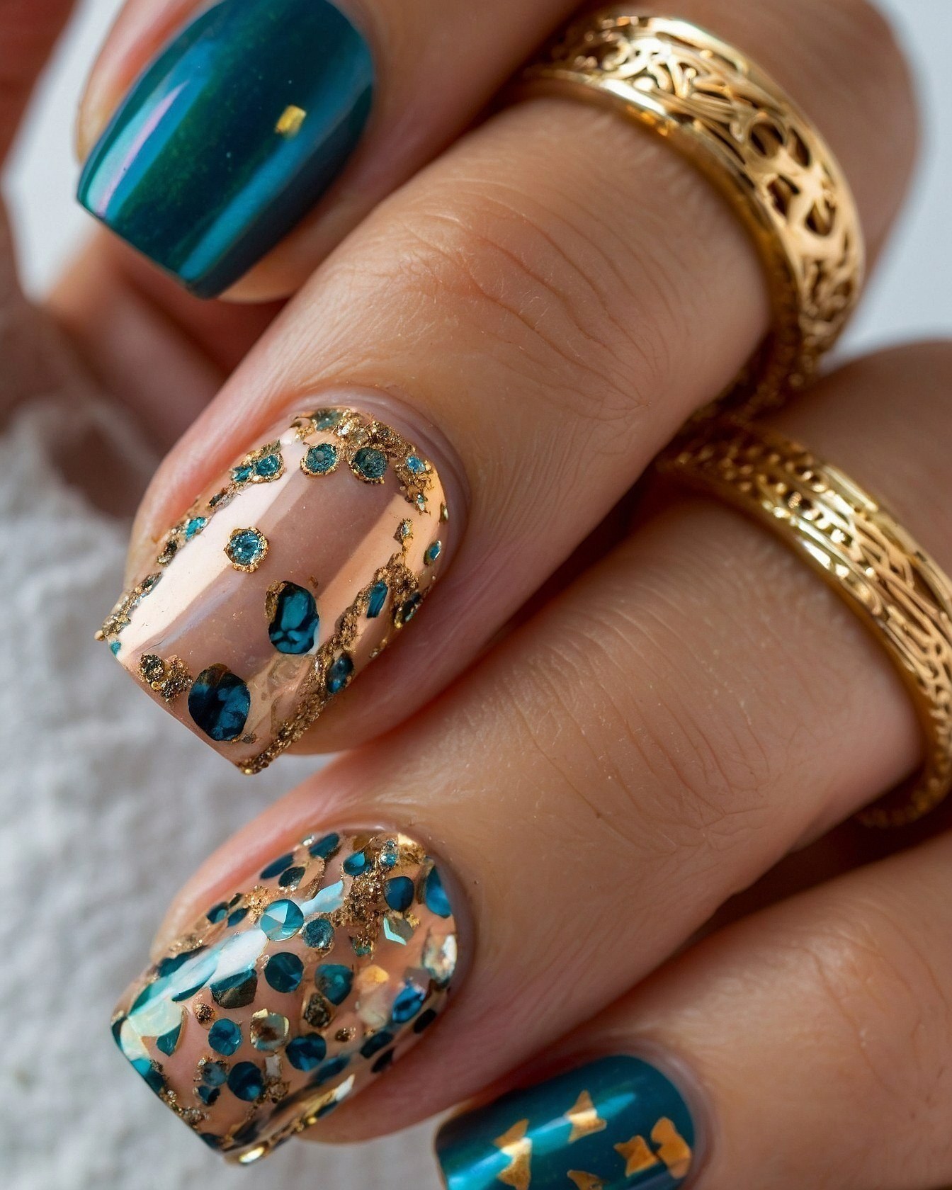 Gold Foil and Teal Jewels on Nude Base
