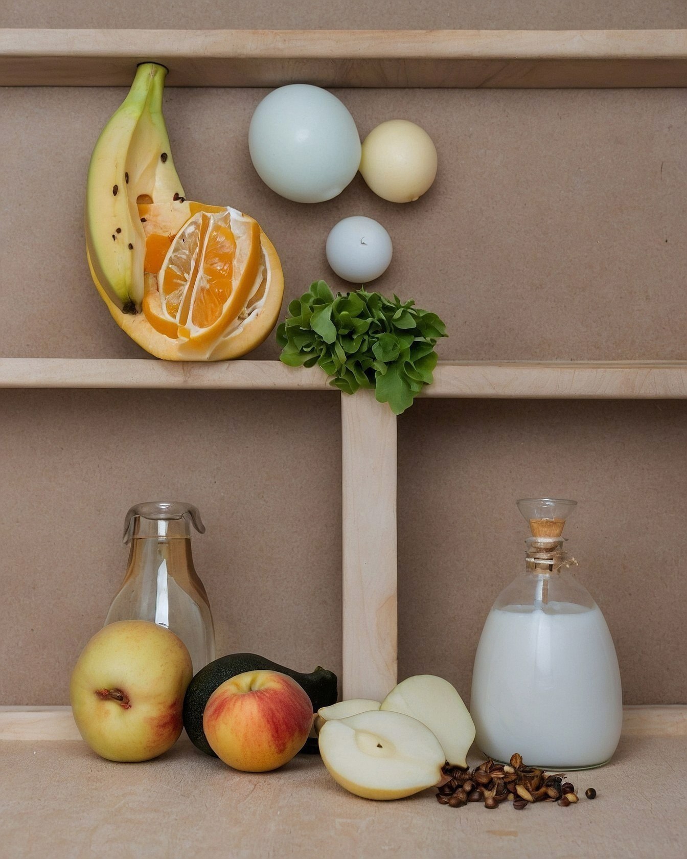 A still life composition of fruit and milk