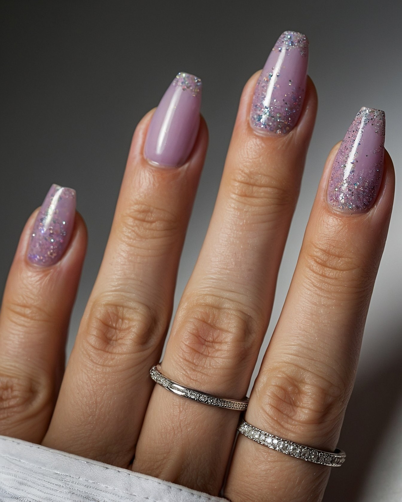 Soft Lavender Coffin Nails with Silver Sparkle