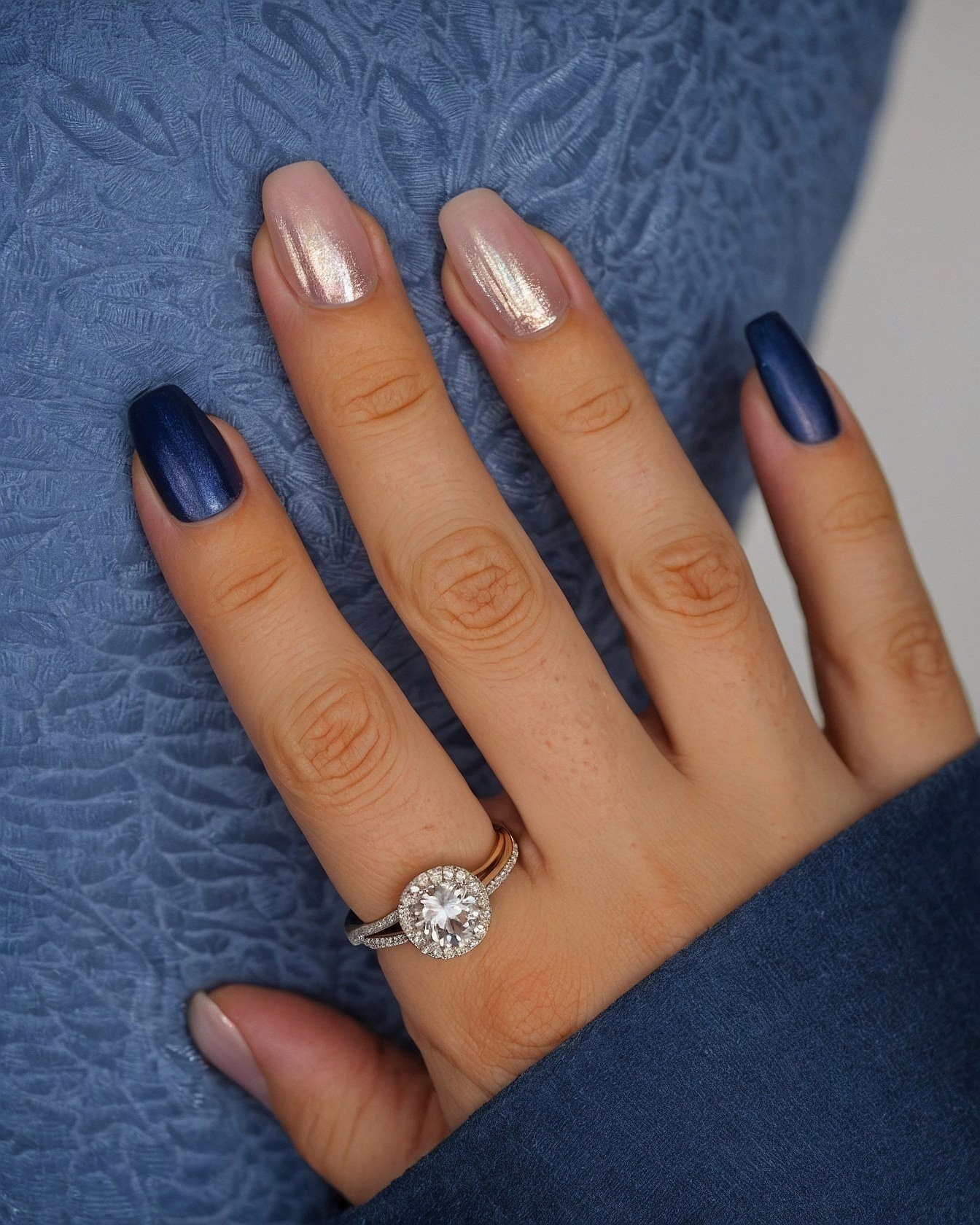 Contrast Nails: Metallic Blue Meets Shimmering Nude