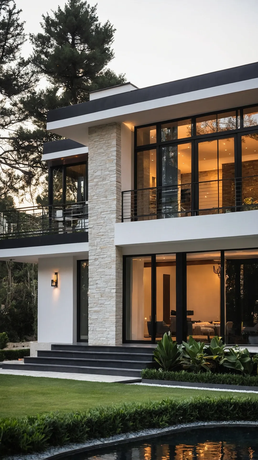 <p>Check out this place! It doesn't have a cozy little porch or a roof that looks like it's wearing a hat. This modern villa looks like someone played architectural Jenga with fancy blocks of stone, cool wooden slats, and enough giant glass panels to make a window cleaner very, very busy. It's stacked in layers like a cake, but way cooler and probably doesn't have sprinkles. Each section pops out or tucks back, making it look less like a house and more like a giant, artistic puzzle box you get to live inside. You can almost hear it whispering,