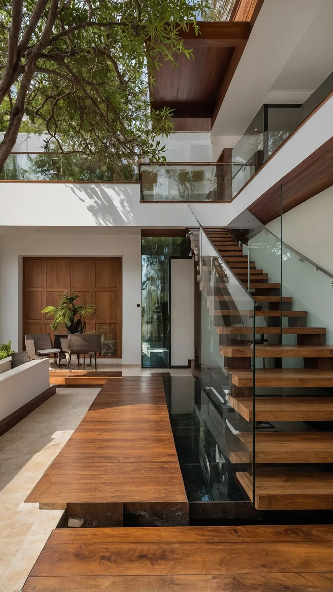 <p>Check out this modern villa, looking all sleek and fancy! It's got windows so big, you could probably see your reflection from the moon (okay, maybe not, but close!). Living here would be like having a giant screen saver of nature always on, which is way better than the one on your computer. This is what they mean by modern villa design – it's like your regular house hit the gym and got a extreme makeover, adding tons of light and making you feel like you're hanging out outside, even when you're technically inside. Just try not to run into the glass.</p><p>And then there's the whole outdoor-indoor situation. They basically invited a tree right into the house party, which is pretty wild. And look at that multi-level wooden thingy – is it a giant step? A superchill lounge spot? Or maybe it's where you leave offerings to the Window Cleaning Gods? Plus, you've got this little pool of water right there, perfect for dipping your toes or maybe launching a fleet of rubber ducks. This is how modern villa design gets extra – it's not just a house, it's like a fancy grown-up playground with trees and strategic puddles built right in.</p><figure class=