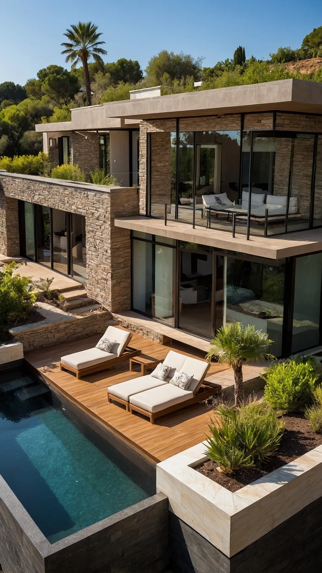 <p>This modern villa looks like it was beamed down from the future, but thankfully, it comes with stairs and not just jetpacks. With all those giant windows, you'd probably have more natural light than a greenhouse and maybe even get a tan just walking to the kitchen. It screams 'fancy pants modern design' and probably has a doorbell that plays epic movie scores instead of just ding-dong. Just try not to get distracted by the reflection of your own awesome self walking by.</p><p>Wow, this place makes my room look like a closet, and it even has a pool just chilling there, practically begging you to jump in. The whole modern villa style with the stone and wood gives it a cool, sleek look that says