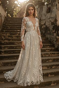 Whimsical Romantic Wedding Dresses: Enchanting Floral Lace A-Line Gowns
