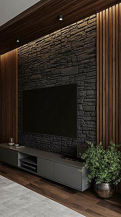Modern Living Room TV Walls: Stone & Wood Panel Perfection