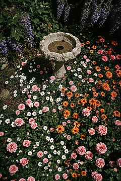 Enchanting English Cottage Garden with Bird Bath Charm