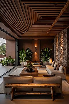 Luxury Modern Living Room: Organic Minimalism Meets Stone Wall Elegance