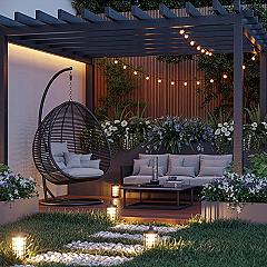 Cozy Backyard Garden Oasis: Modern Hanging Chair & Lush Greenery