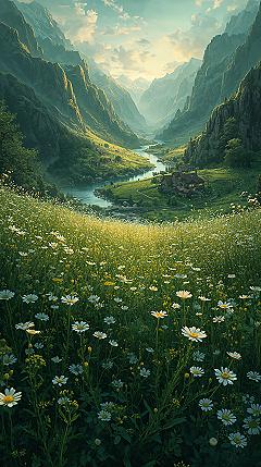 Enchanting Valley: Peaceful Nature Water Scenes & Mountain Art