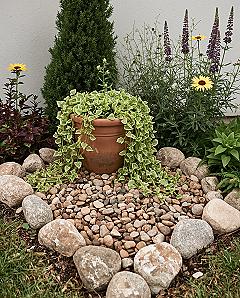 Serene Backyard Rock Landscaping with Spilling Pots