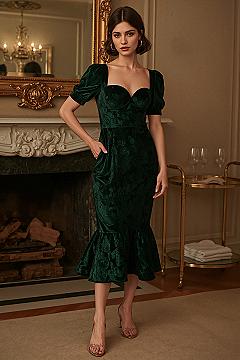 Vintage Glamour: Emerald Green Velvet Floral Midi Dress for Parties