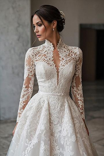 Intricate Lace and Modest High Neckline Detail
