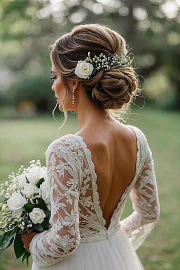Soft Updo Adorned with Delicate White Blooms