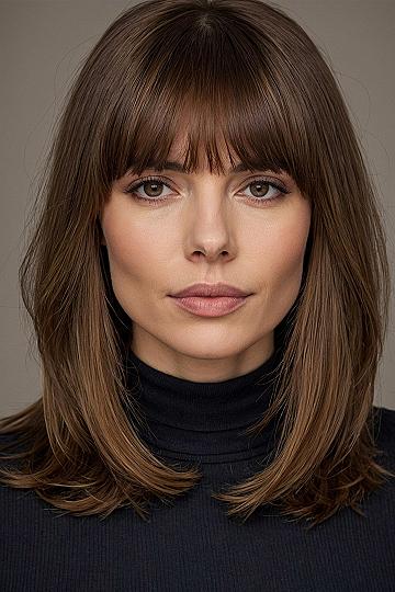 Medium Brown Lob with Softly Rounded Bangs