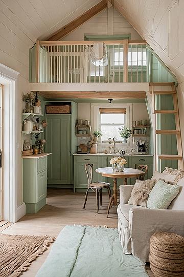 Soft sage green cabinetry and a lofted bedroom