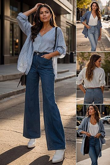 Woven stripe shirt with wide-leg denim and white boots