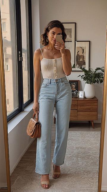 Soft knit ribbed tank meets wide-leg denim