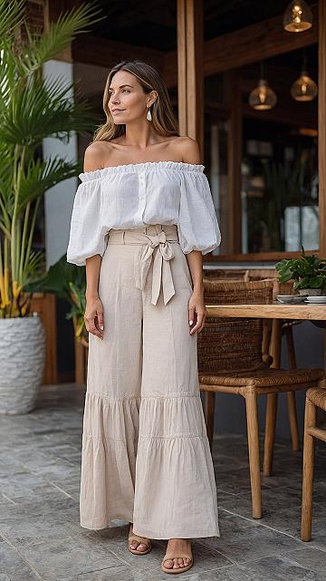 Off-the-shoulder linen set with tied waist