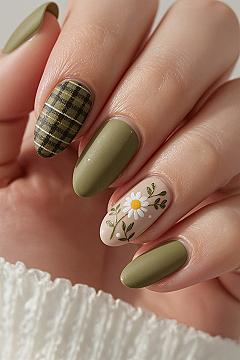 Chic Green Plaid & Daisy Spring Nail Art Designs