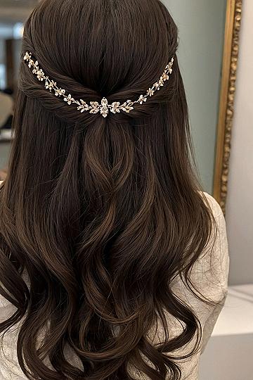 Half-Up Waves Adorned with a Delicate Gold Hairpiece