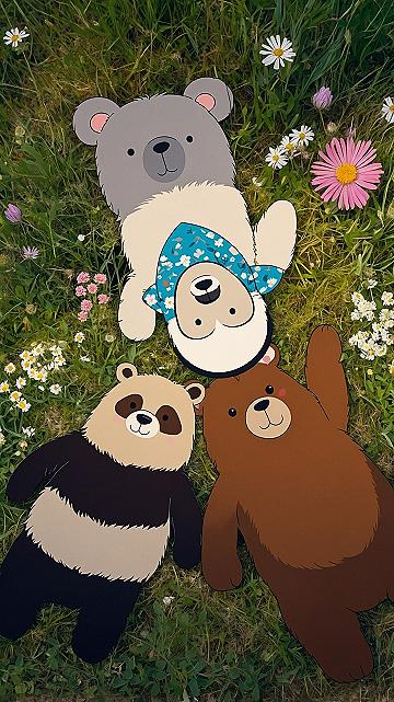 Charming illustrated bears lounging in lush green grass
