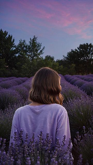 A Soft Woolen Top Standing Amidst Endless Rows of Purple Blossoms