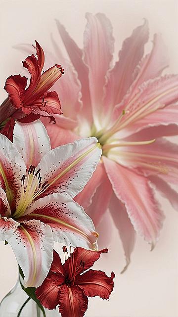 Silken pink gradients blooming against glass and crimson accents