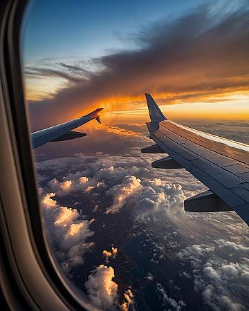 Golden sunset hues framing airplane wings above textured clouds