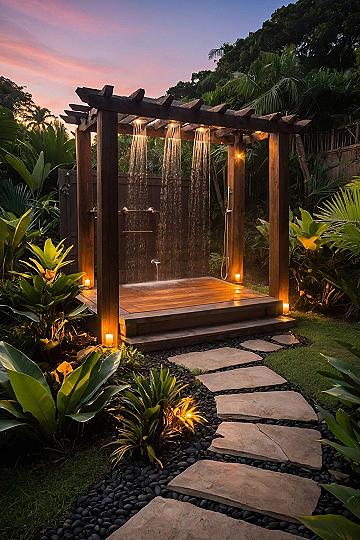 Twilight illumination over a wooden pergola shower structure