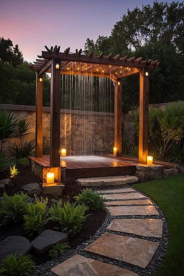 Twilight illumination along a stone pathway leading to a wooden shower pergola