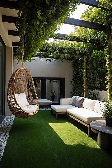 Sunlit Rattan Hanging Chair Beneath a Verdant Timber Pergola