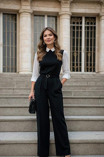 Pairing a Tailored Jumpsuit With a Classic Blouse