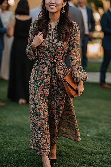 Styling a Long Sleeve Floral Midi Dress for Autumn Weddings