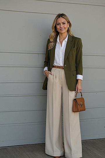 Pairing an Olive Blazer With Neutral Wide-Leg Trousers