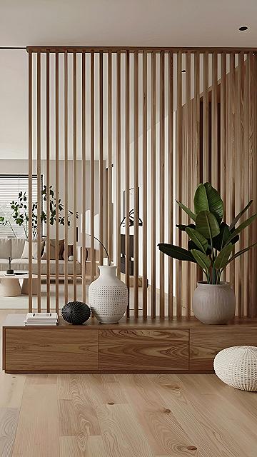 Slender Wooden Slat Partitions for Open Living Spaces