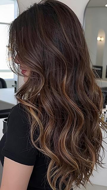 Subtle Caramel Highlights on Dark Brown Hair